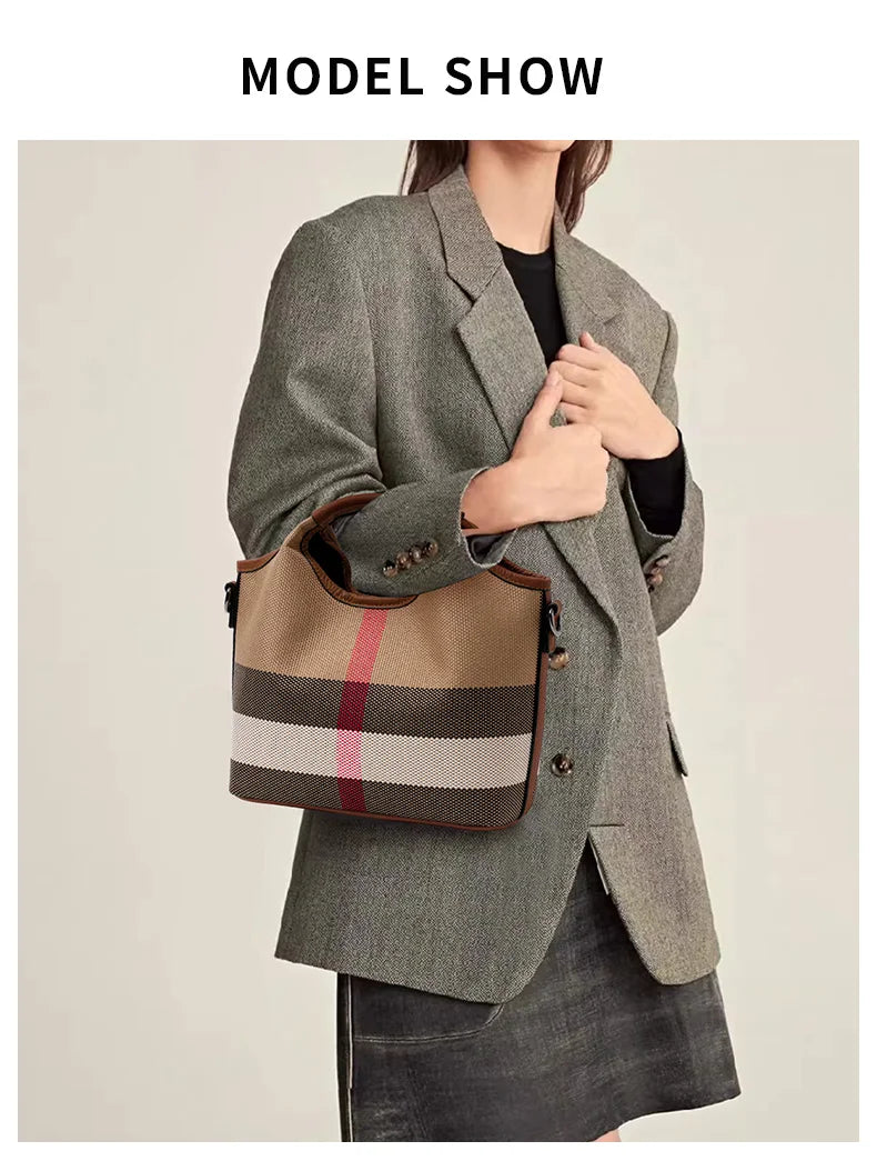 Leather plaid handbag, large-capacity mother bag, shopping basket, one-shoulder handbag