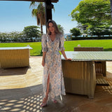 Print Chiffon Long Dress Women V Neck Half Sleeves High Waist Ruffles Belts Split Robe Female 2026 Summer Chic Vacation Dresses
