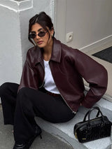 Vintage Wine Red Loose Short Leather Jacket Women Fashion Lapel Long Sleeves Zipper Cropped Coat 2025 Autumn Lady Street Outwear