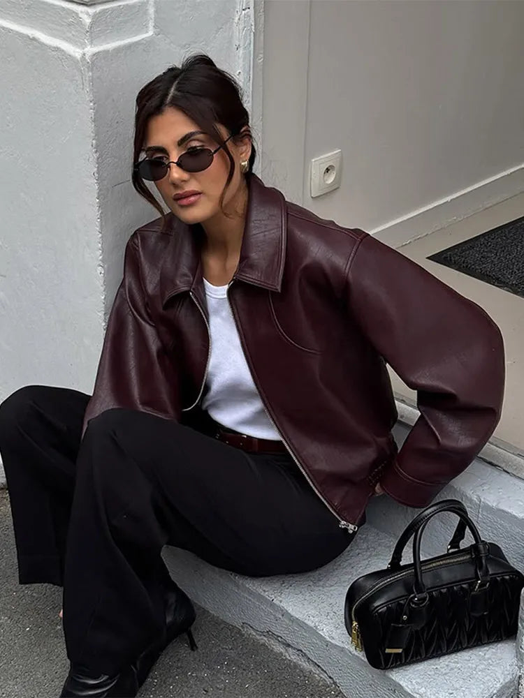 Vintage Wine Red Loose Short Leather Jacket Women Fashion Lapel Long Sleeves Zipper Cropped Coat 2025 Autumn Lady Street Outwear