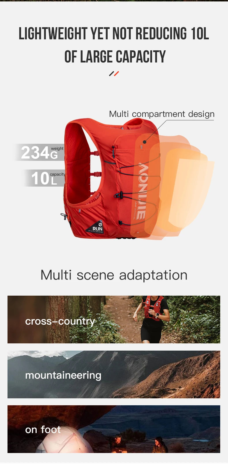 AONIJIE C9116 Unisex 10L Sports Running Backpack Lightweight Off-Road Hydration Pack for Hiking Off-road Cycling Race Marath