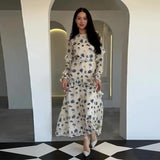 Print Chiffon Long Dress Women V Neck Half Sleeves High Waist Ruffles Belts Split Robe Female 2026 Summer Chic Vacation Dresses