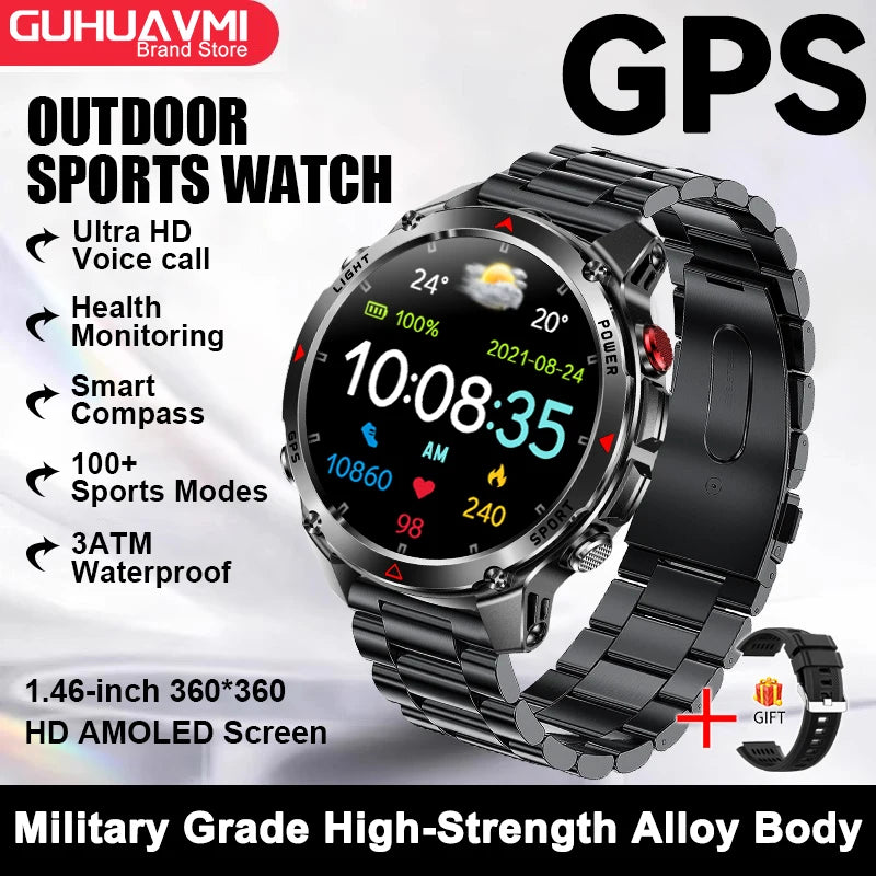 2026 New Military Bluetooth Call Smart Watch Built-in GPS Compass Barometric Altimeter 10ATM Waterproof Sports Smartwatches Men