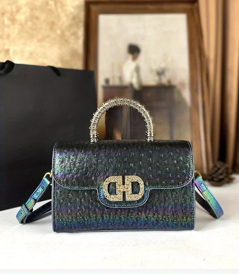 Advanced Ostrich Pattern Diamond Inlaid Women's Handbag New Fashionable High-End Shoulder Crossbody Bag
