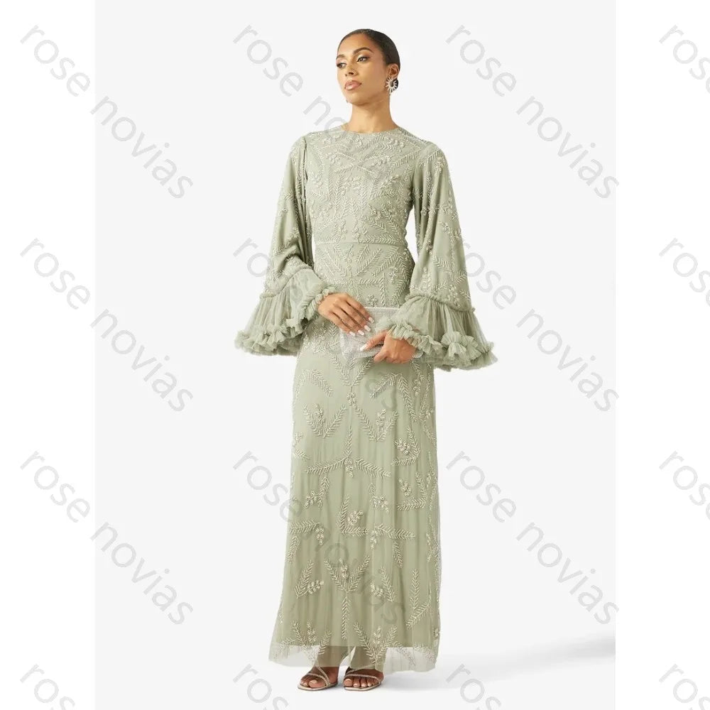Customized Green Evening Dresses O-Neck Tulle for Floor-Length with Appliques High Quality for Formal Evening Vestidos De Fiesta