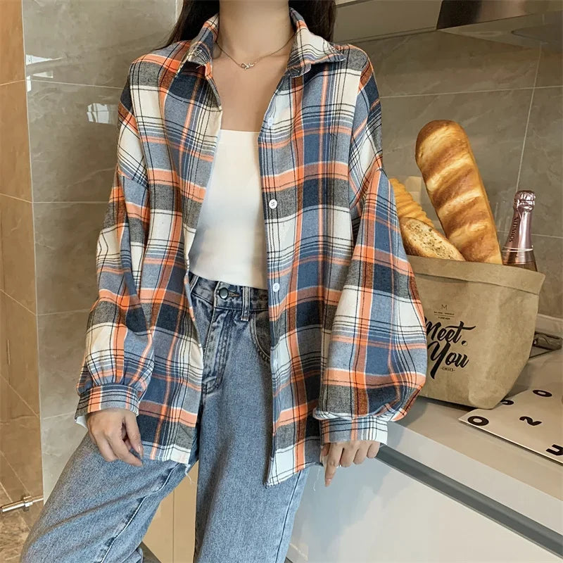 Vintage Plaid Long-Sleeve Blouse