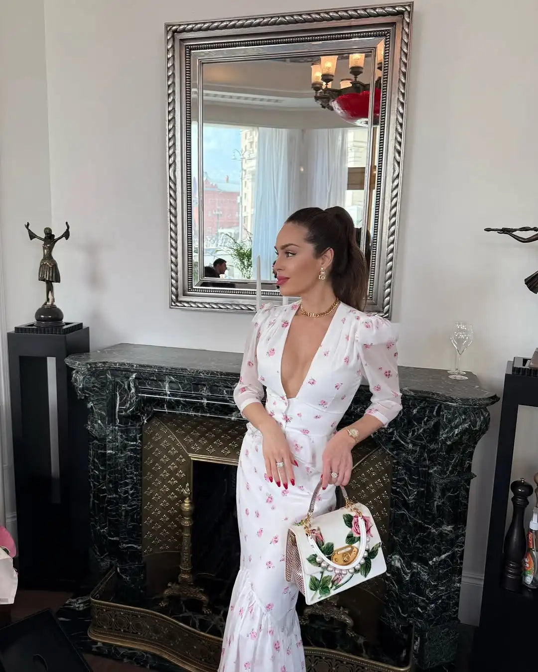 Women White Pink Floral Print Fishtail Skirt Set Chic V Neck Puff Sleeve Ruffle Button Crop Top Suit Elegant Lady Wedding Outfit