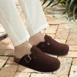 Evshine Men's Suede Clogs Fashion Leather Mules Cozy Footbed Slippers With Adjustable Buckle AntiSlip Cork Slippers Unisex Mules