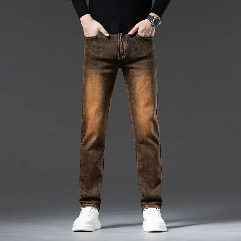 High Quality Brown Winter Jeans Men's Thickened Velvet Warm Elastic Straight Denim Pants Fashion Vintage Korean Plush Trousers