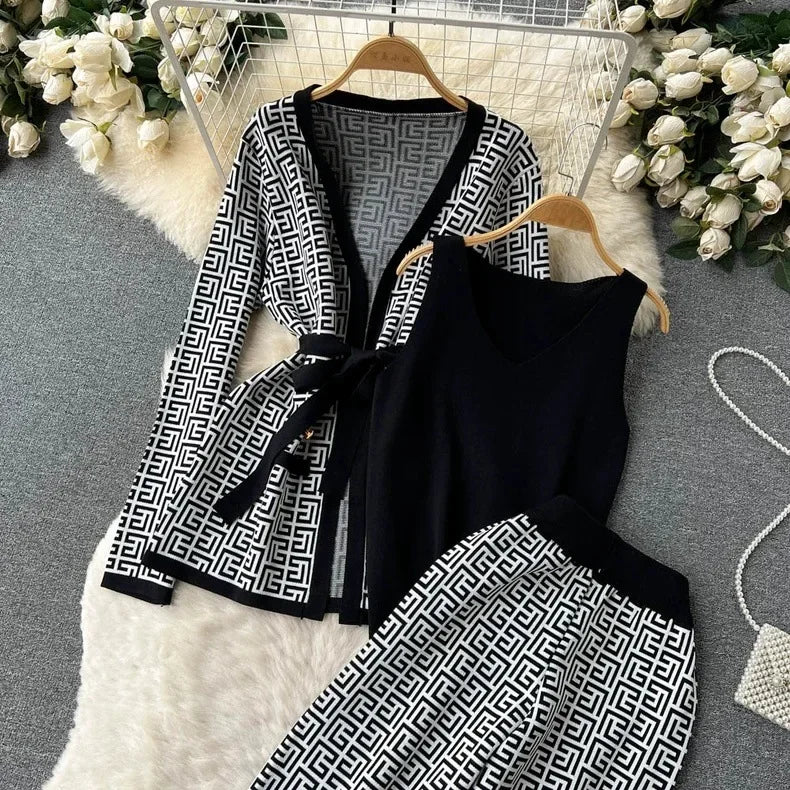 3-Piece Women’s Knitted Set: V-Neck Belted Cardigan & High-Waist Wide-Leg Pants