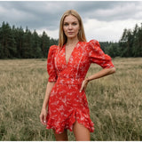 Women Red Floral Printed Mini Dress V-neck Short Sleeved Puff Sleeve Waist Trim Ruffle Slit Hem Dresses 2026 Summer Party Gown