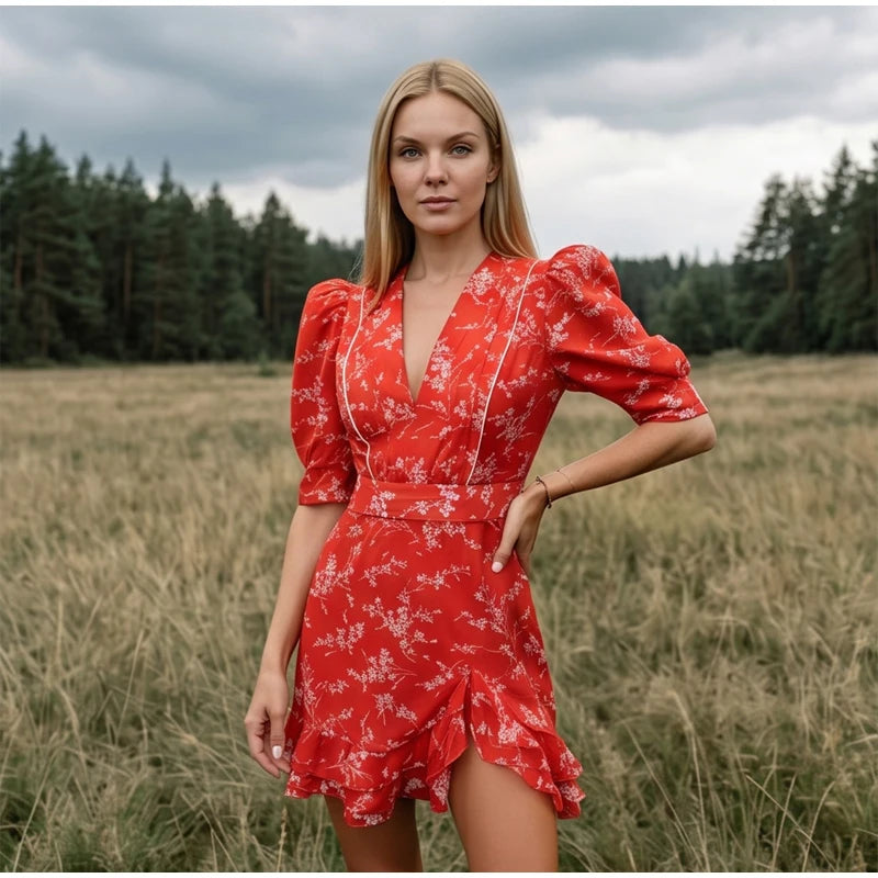 Women Red Floral Printed Mini Dress V-neck Short Sleeved Puff Sleeve Waist Trim Ruffle Slit Hem Dresses 2026 Summer Party Gown