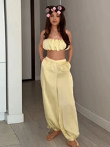 Women's Trousers 2 Pcs Suits Pleated Spaghetti Strap Cropped Tube Tops Elastic Waist Lace Up Pants Charming Ladies Partywear New