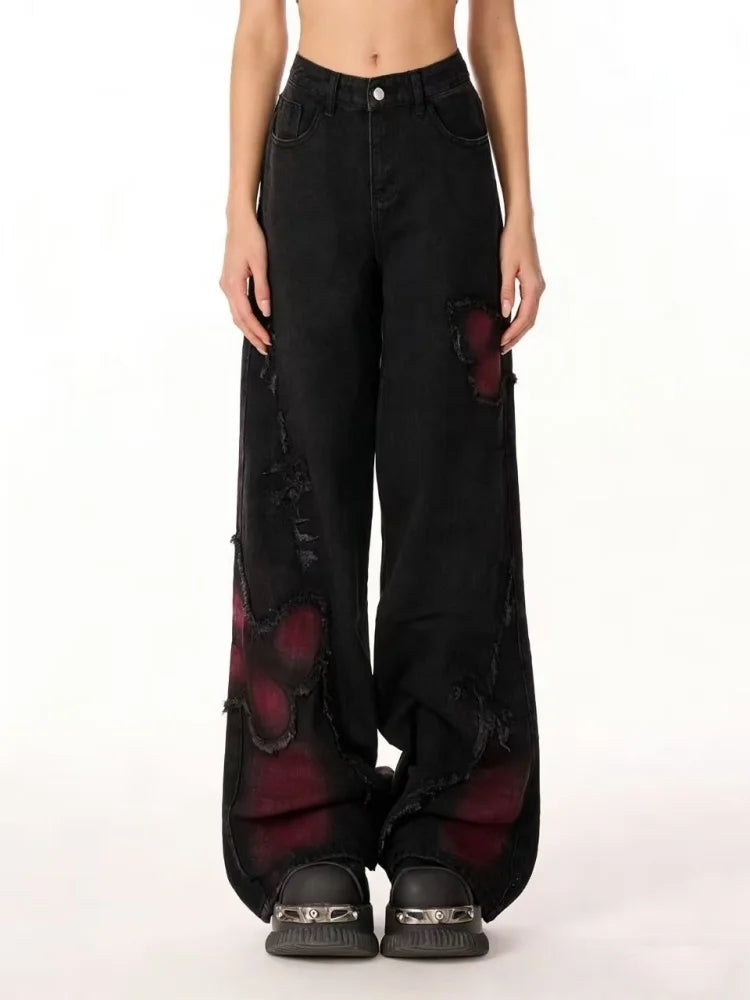 Women's Baggy Butterfly Jeans Vintage 90s Aesthetic Cowboy Pants Harajuku Oversize Denim Trousers Y2k 2000s Black Gothic Clothes