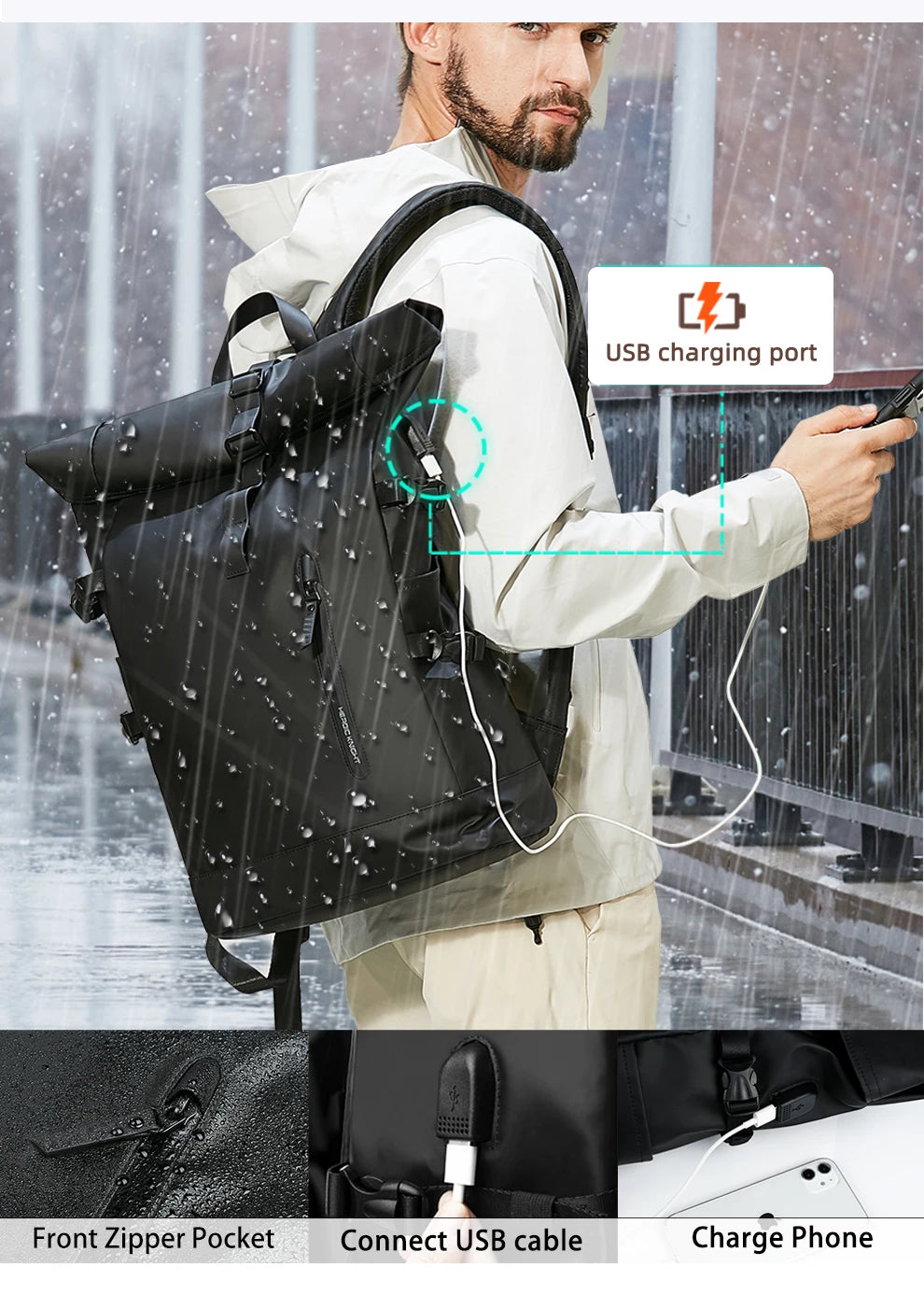Heroic Knight Men's Backpack Waterproof Roll Top Backpack Women Travel Expandable USB Charging Large Capacity Laptop Bag Mochila