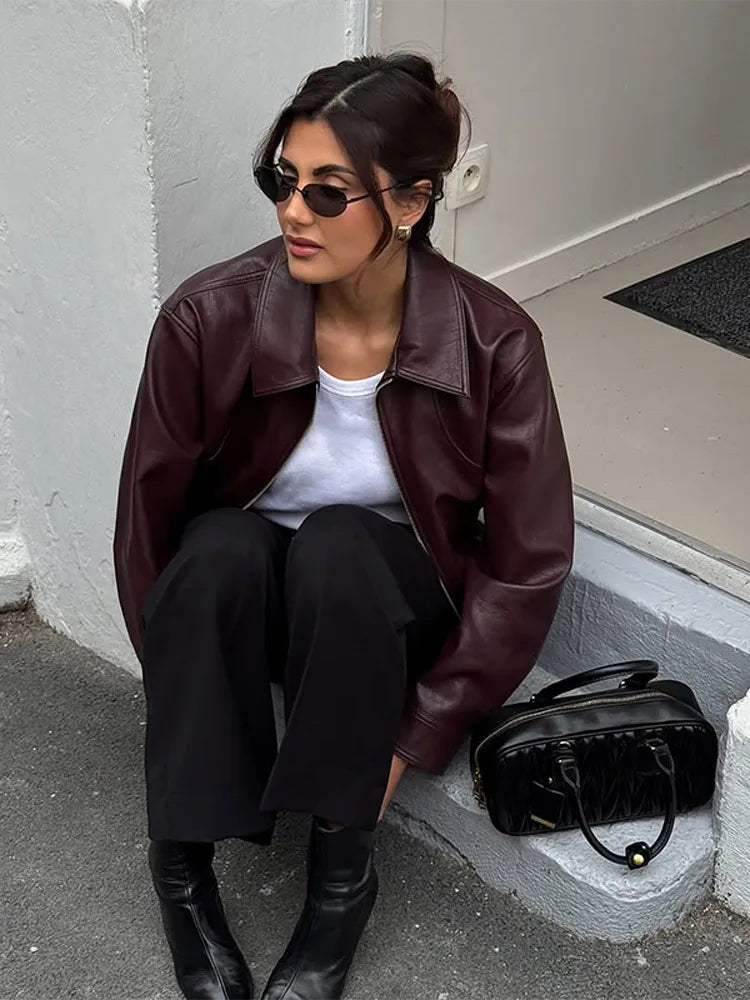 Women's Wine Red Pu Leather Short Jacket Fashion Autumn Lapel Collar Zipper High Street Loose Overcoats Ladies Button Outerwears