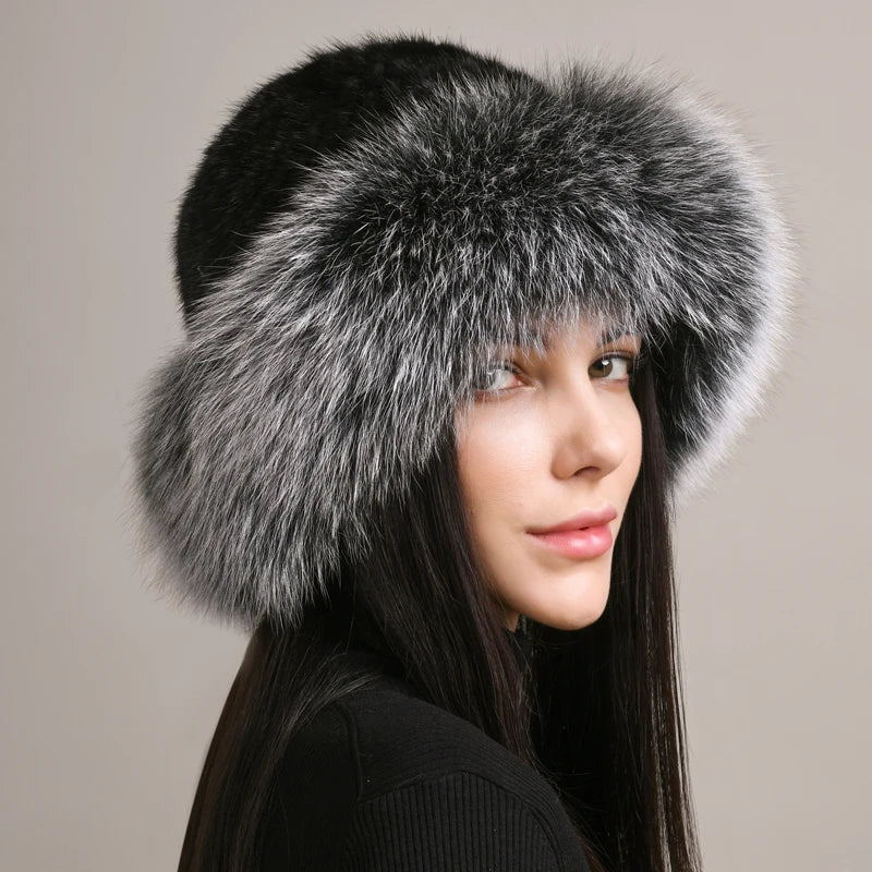 Genuine Knitted Mink Fur Hat with Fox Fur Brim