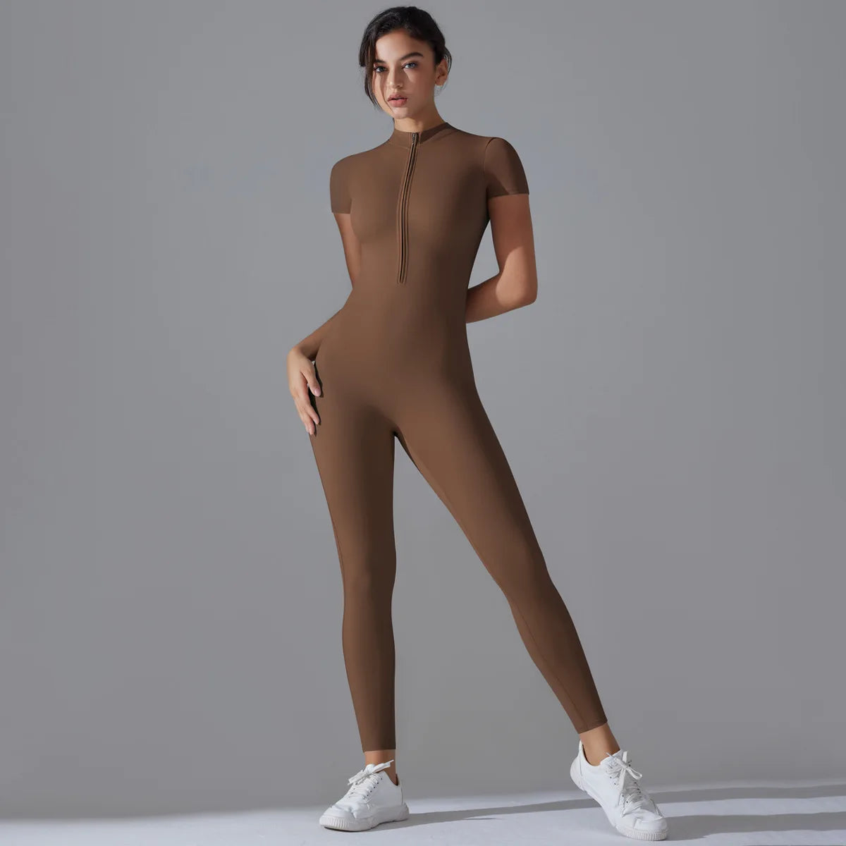 Zip-Front Yoga Jumpsuit - Quick-Dry Short Sleeve Fitness Bodysuit