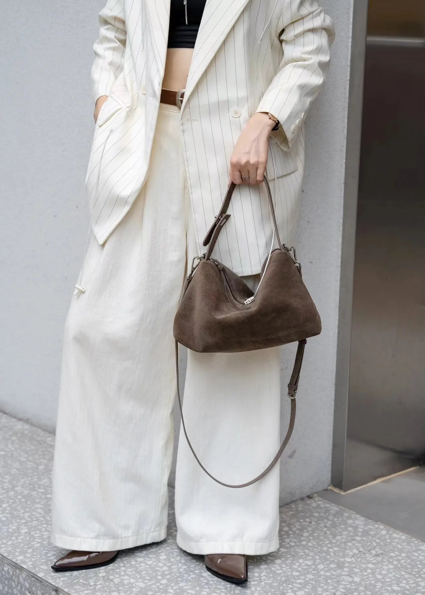 Genuine Leather Fashion Autumn Winter Boston Tote Soft Matte Suede Cow Leather Women's Handbag Shoulder Crossbody Bag For Women