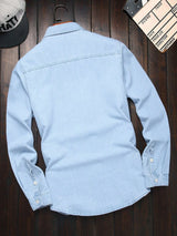 Men Light Blue Washed Denim Shirts Long Sleeve Button Down Casual Shirts With Dual Chest Pockets Western Style Work Shirts
