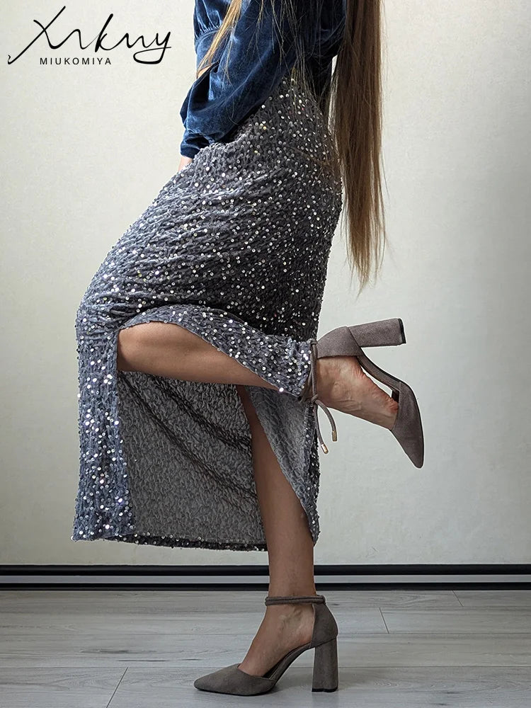 High Waisted Sequin Maxi Skirt Women Elegant Shiny Straight Skirts With Slit Summer Spring Black Long Sequin Skirt For Women