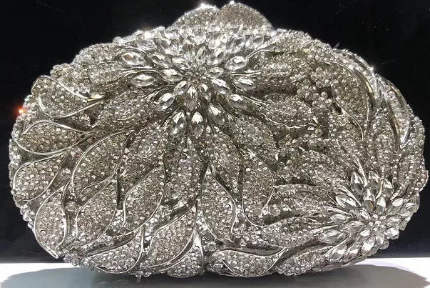 Gold Metal Leaves White Crystals Evening Clutch Bags Luxury Women Wedding Party Purse Ball Handbags Rhinestone Mini Shell Bag