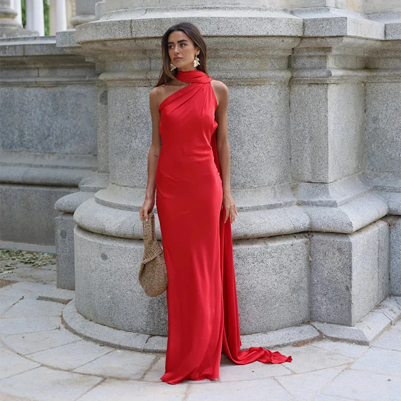 Elegant Ribbon Halter Maxi Dress