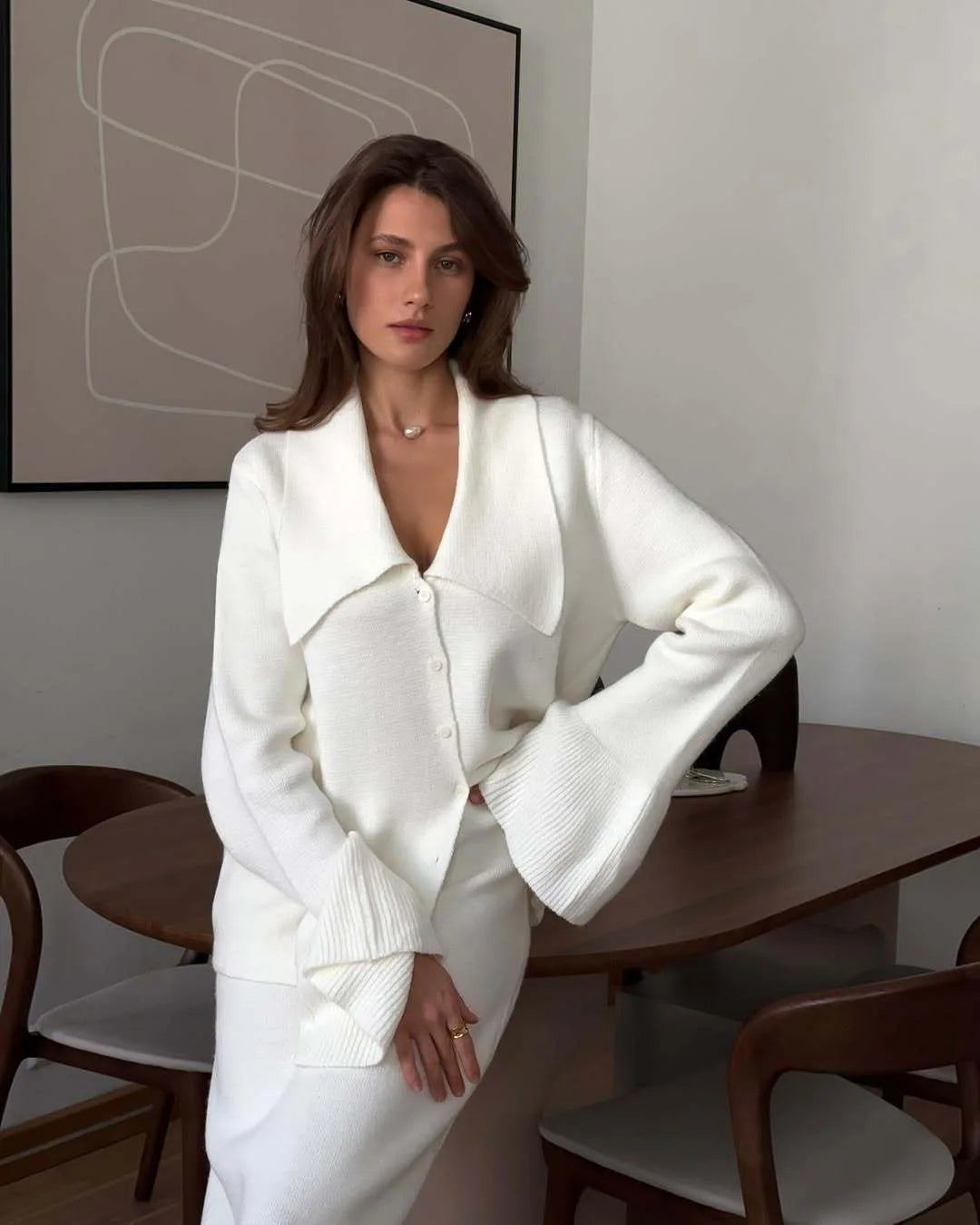 Hirsionsan Sexy Soft Elegant Vintage Women Suits 2 Pieces Female Sets Polo Neck Cardigan Sweater & Midi Dress Knitted TrackSuit