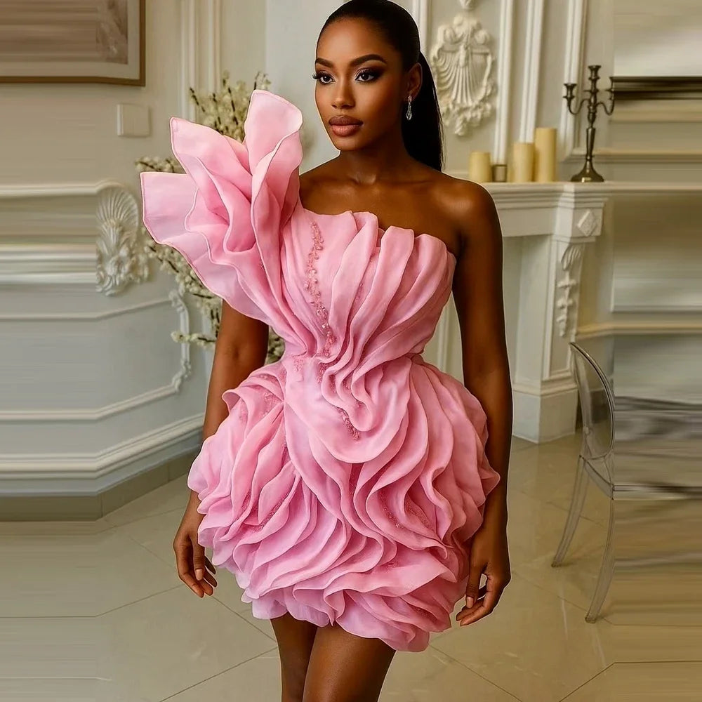 Asymmetric Ruffle Mini Dress | One-Shoulder Floral Gown