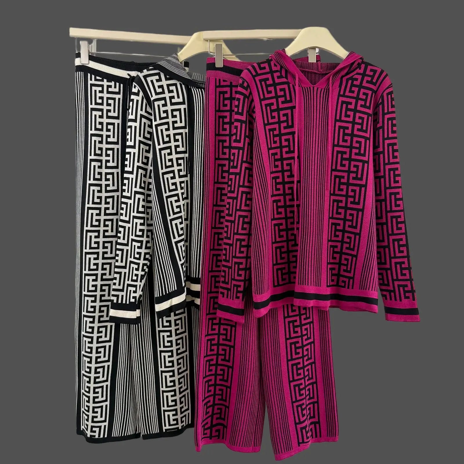 Geometric Knit Hoodie & High-Waist Wide-Leg Pants Set