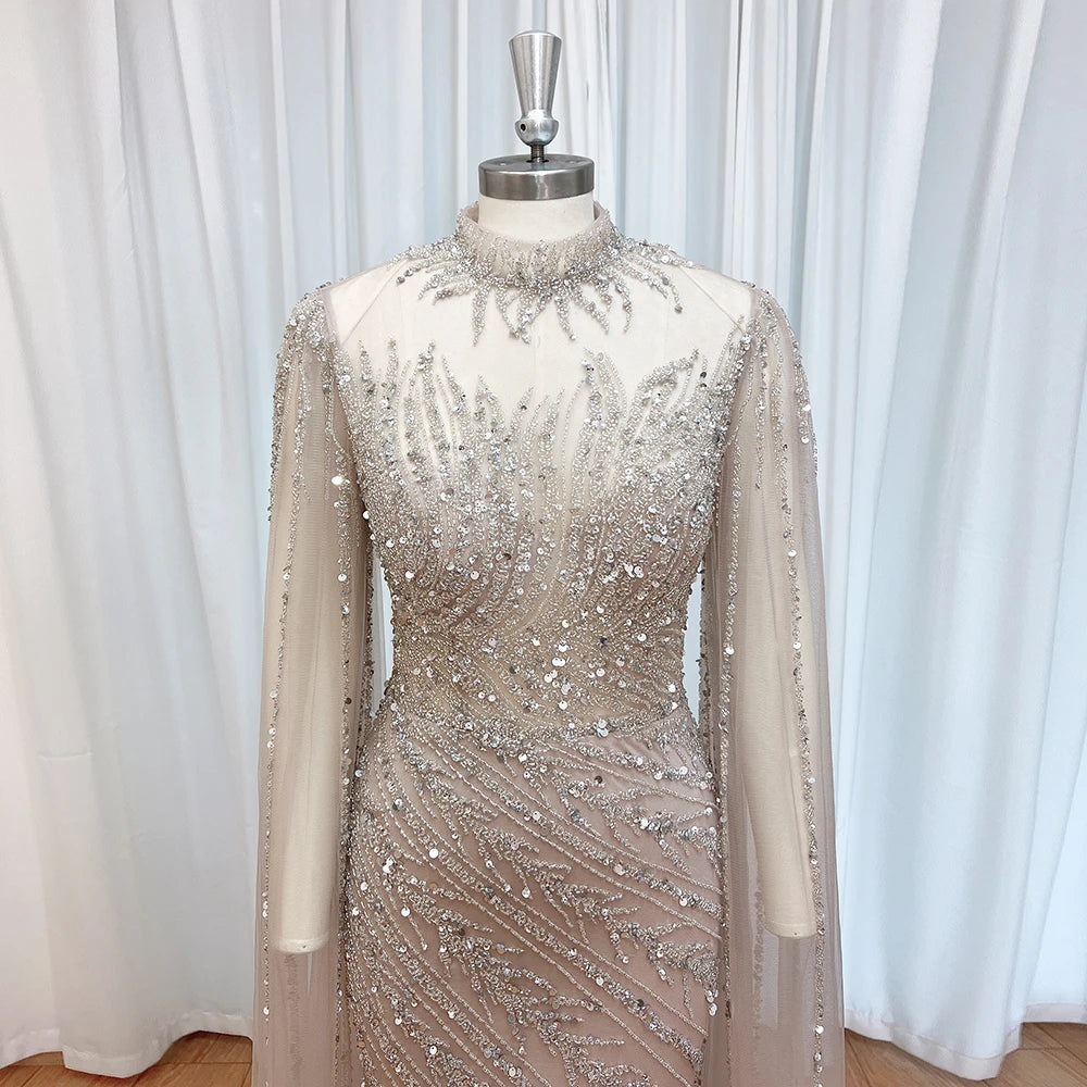Luxury Beaded Mermaid Evening Gown | Cape Sleeve
