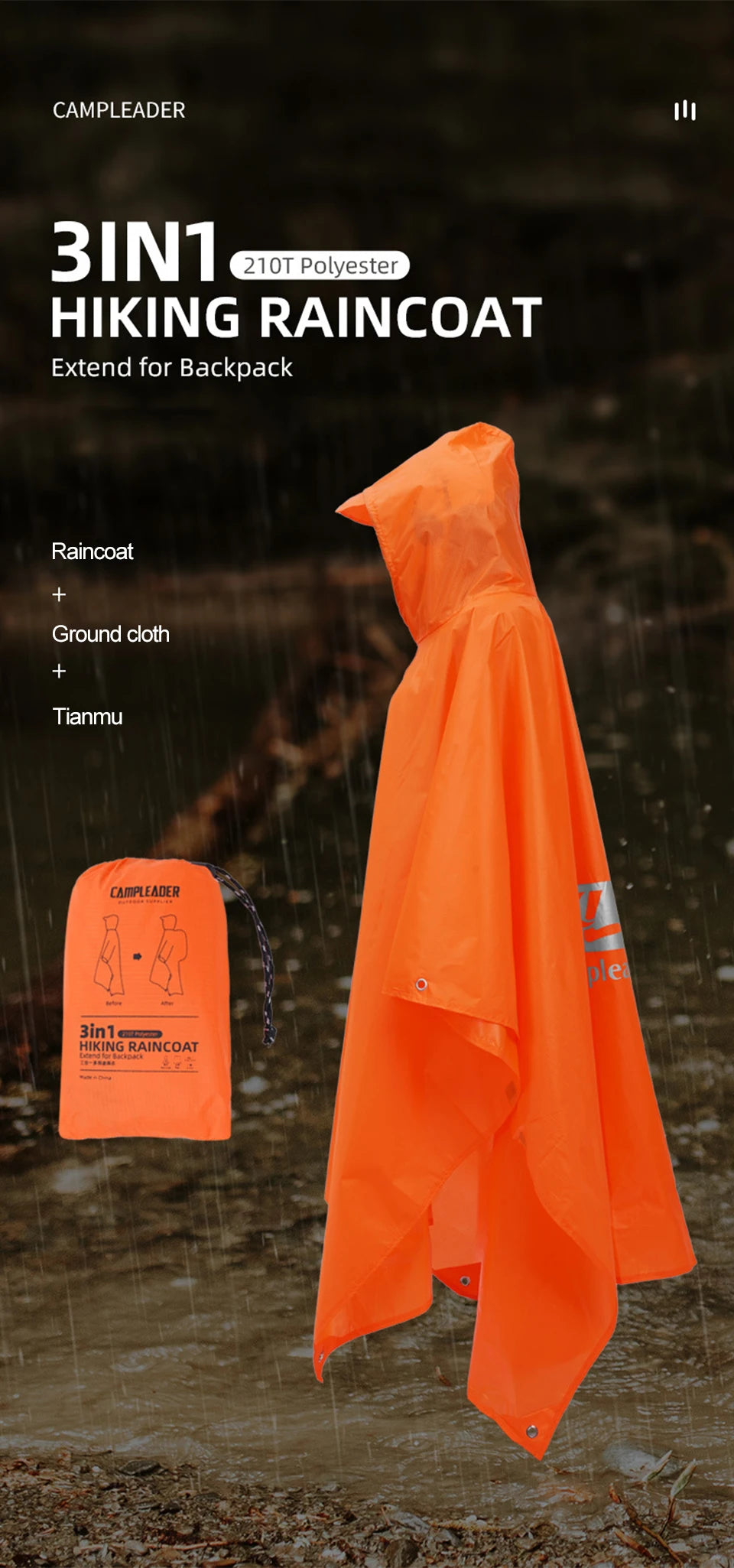 3-in-1 Waterproof Rain Poncho | Hooded Outdoor Rainwear