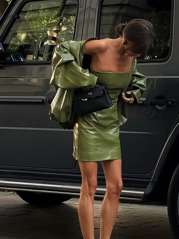 Vintage Green Leather Skirt Sets Women Fashion Solid Strapless Short Skirts Zipper Jacket Outfits Lady Daily Highstreet Outfits