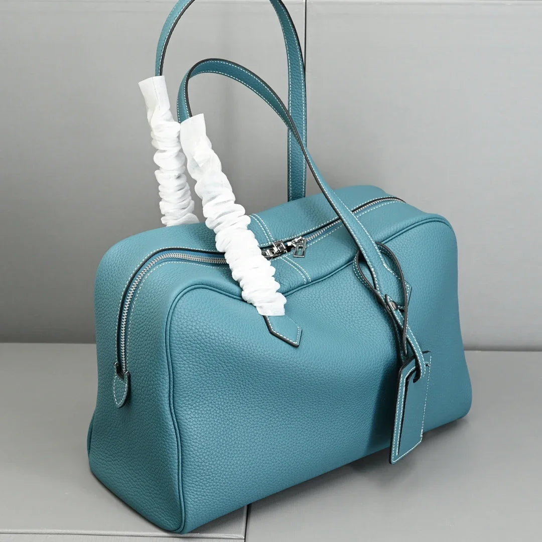 Genuine Leather Bowling Bag for Women, Top Layer Cowhide Handbag, Large Capacity Top Handle Bag, Small & Large Size