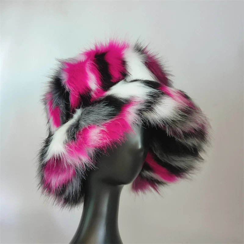 1pcs Winter Faux Fur Bucket Hat Warm Fluffy Plush colorful soft Winter hat Personality fur Fisherman Hats for women Plush hat겨