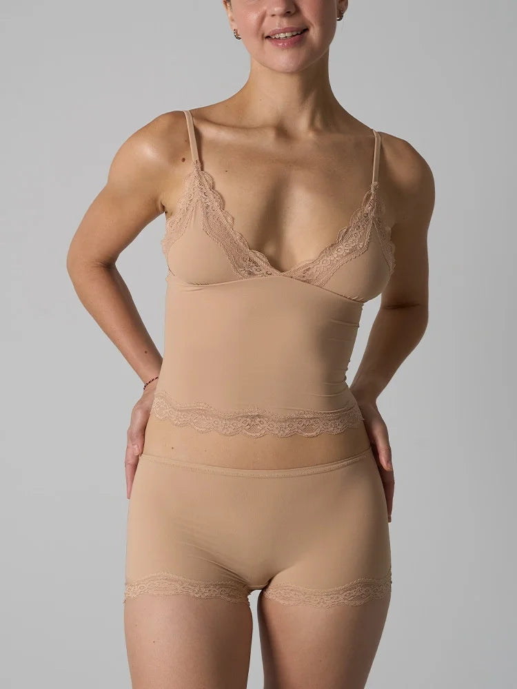 Europe American Simple Pink Light Thin Lace Strap Tank Top Flat Corner Lace Underwear for Women Comfortable Stretchy Short Sets