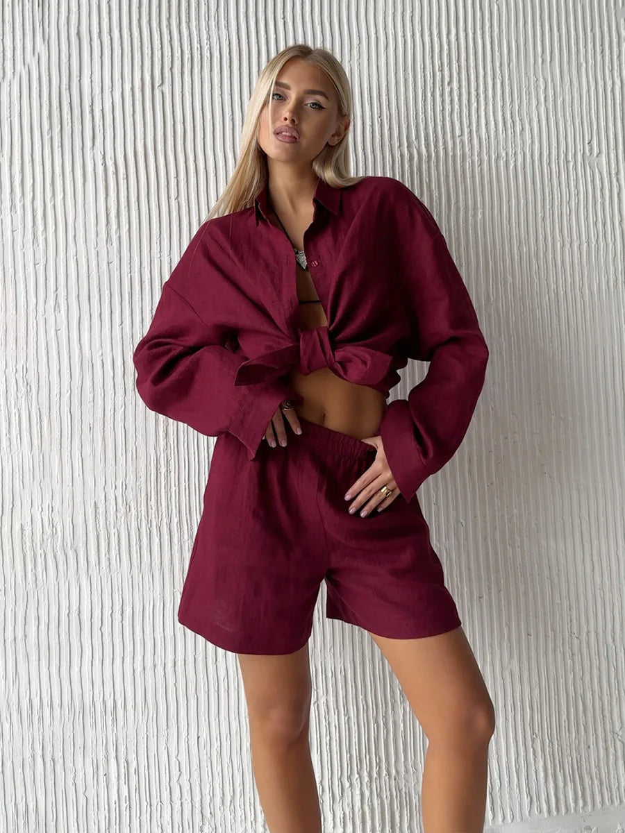 Bornladies Cotton Casual Pants Sets Women's Solid Color Cozy Lapel Long Sleeve Shirt Summer Outfit Elastic Waist Pants Suits