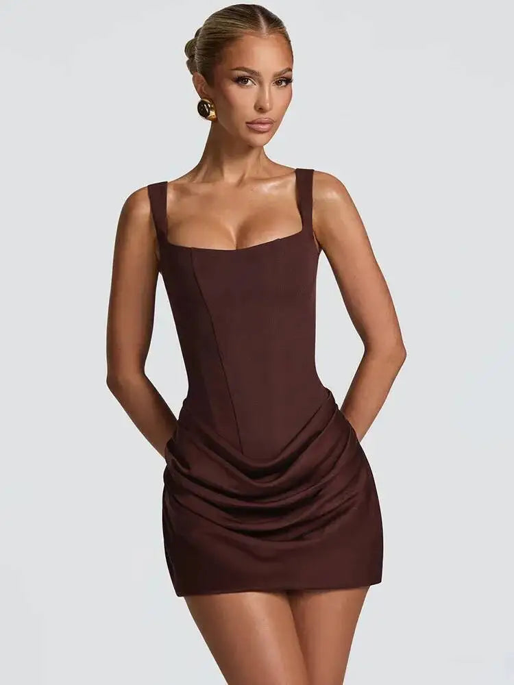 Elegant Backless Ruched Mini Dress | Chic Square Collar Club & Party Wear