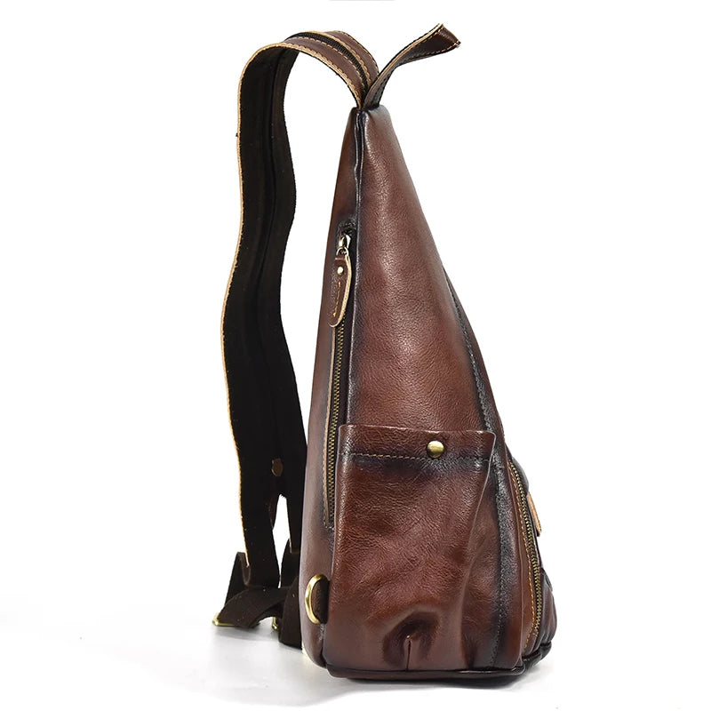 Single Shoulder Bagpack Genuine Leather Chest Bag Outdoor Riding Bag Chest Packs For Biker Men Male Sling Bags Cow Leather
