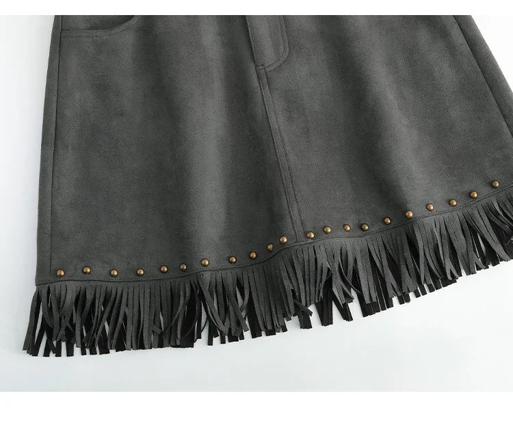 LOUIS YAO Tassels Rivet A-line Half Skirt 2025 Autumn Short Skirts Fashionable and Gentle Casual  Women's Half Skirt
