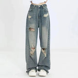 American Retro Hole-Punched Wide Leg Jeans for Women