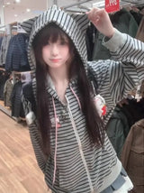 Women's Striped Cat-Ear Zip-Up Hoodie