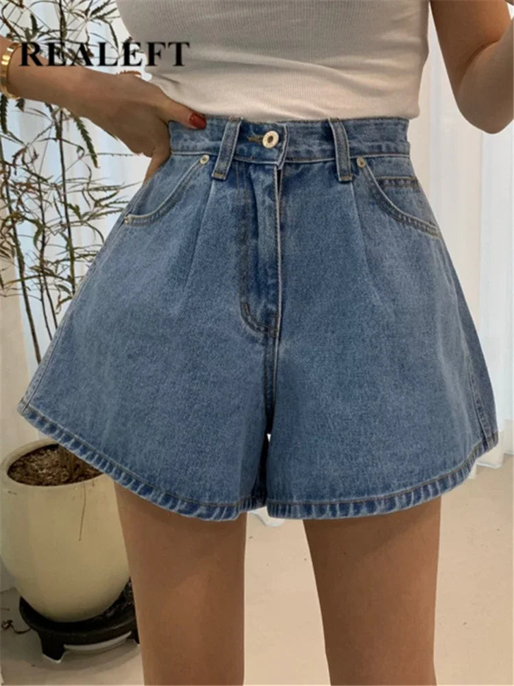 High-Waist Washed Denim Wide-Leg Shorts -Made Casual Blue Jean Shorts