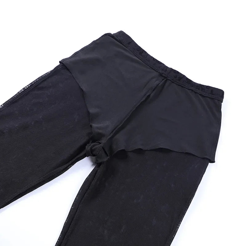 Women's High-Waist Mesh Lace Flare Pants