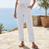 Women's Cotton Linen Elastic Waist Straight Leg Pants