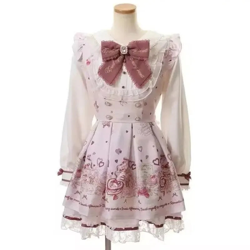 Y2k Japanese Kawaii Two-Piece Sets Long Sleeve Top + Short Skirt Sweet Women Casual Cute Print Bow Patchwork 2025 New Arrival
