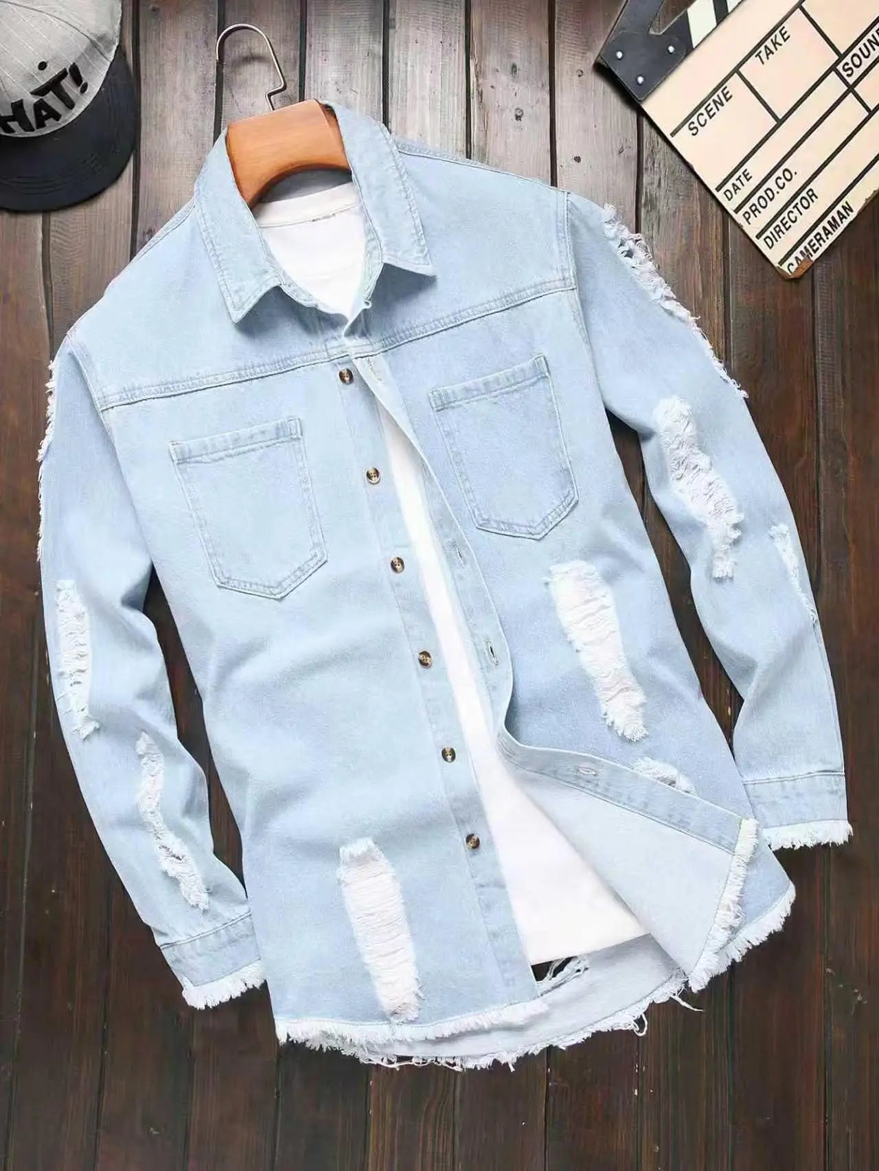 Men's Light Blue Ripped Distressed Washed Denim Long - Sleeve Shirt for Spring and Autumn