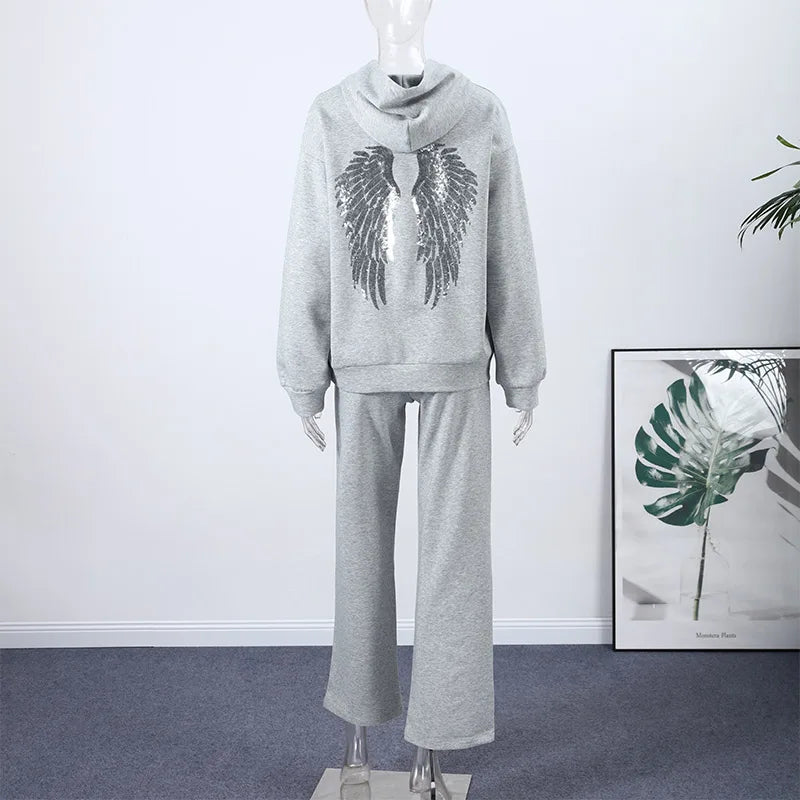 Casual Sequin Wings Hooded Sweatshirt Pant Set Women Solid Loose Full Sleeve Pullover Suit 2026 Spring Autumn Lady Daily Outfit