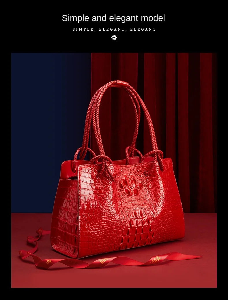 Luxury Genuine Leather Women's Bag Red Crocodile Pattern Ladies Handbags Tote Bag Fashion Travel Portable Shoulder Underarm Bags