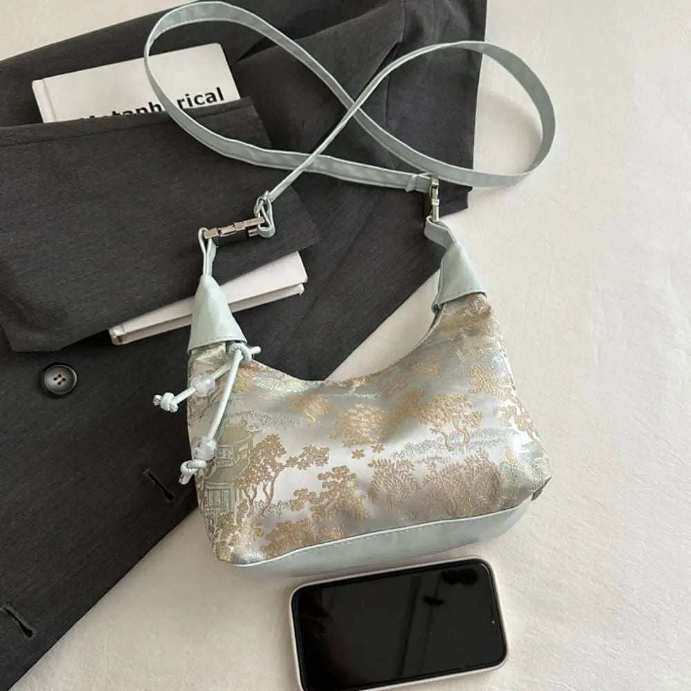 Luxury Embroidery Shoulder Bag Nylon Texture Small Armpit Bag Pearl Pendant Bucket Handbag Women Girl